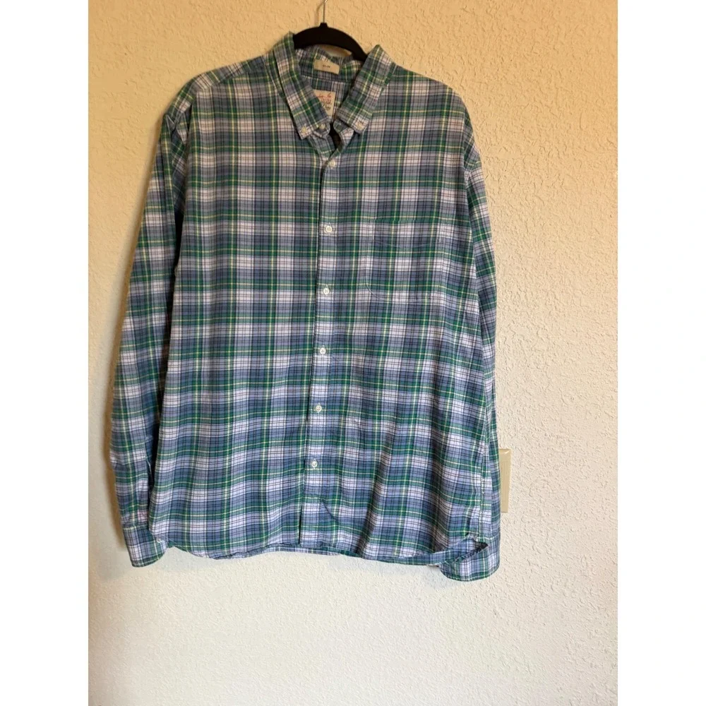 J. Crew Broken-In Oxford Slim Fit Plaid Shirt Mens XL Blue Green Organic Cotton